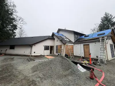 A Leading Edge Roofing roof replacement underway on Vancouver Island.