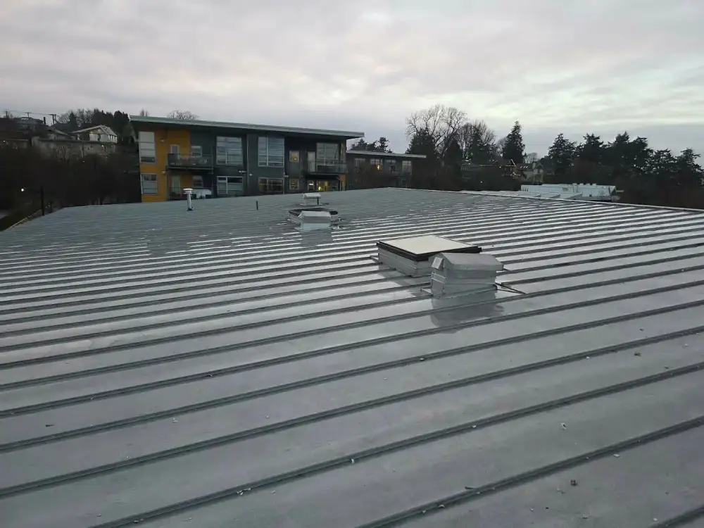 Metal rooftop with a skylight and vents, with an apartment building and trees behind it under a cloudy sky.